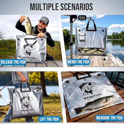 THKFISH Fish Tournament Weigh in Bag for Bass Fishing with Leakproof Zipper | Heavy Duty Live Fish Bags for Caught Fish with Waterproof Zipper and Mesh Liner,Puncture Resistant - color: Silver-25×23in