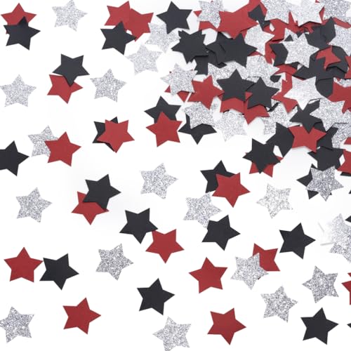 Red Black and Silver Star Confetti Table Decoration for 4th July Independence Day Graduation Retirement Patriotic Theme Party,1.2 inch in Diameter,200 Counts - color: Silver Black and Red