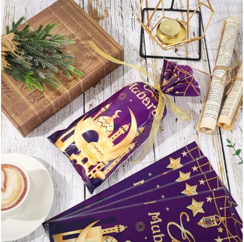 Whaline 100 Pcs Eid Mubarak Cellophane Bags with Ribbon Ramadan Plastic Treat Bags Purple Gold Candy Goodie Bag for Islamic Muslim Party Snack Cookie Packing Supplies - color: Purple Gold