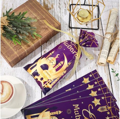 Whaline 100 Pcs Eid Mubarak Cellophane Bags with Ribbon Ramadan Plastic Treat Bags Purple Gold Candy Goodie Bag for Islamic Muslim Party Snack Cookie Packing Supplies - color: Purple Gold