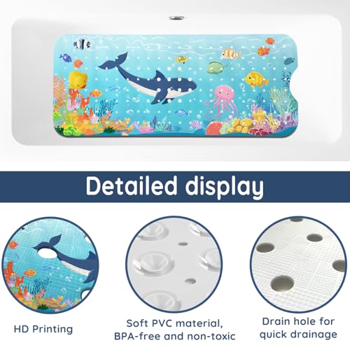 LNOND Bath Mat for Tub for Kids, Toddler Bathtub mat Non Slip, Sharks Fish Kids Bath Mats for Bathroom Non Slip with Drain Holes and Suction Cups,Machine Washable (40 X 16 Inch) - color: Sharks Fish