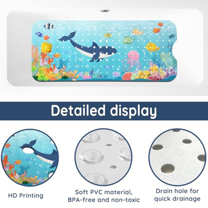 LNOND Bath Mat for Tub for Kids, Toddler Bathtub mat Non Slip, Sharks Fish Kids Bath Mats for Bathroom Non Slip with Drain Holes and Suction Cups,Machine Washable (40 X 16 Inch) - color: Sharks Fish