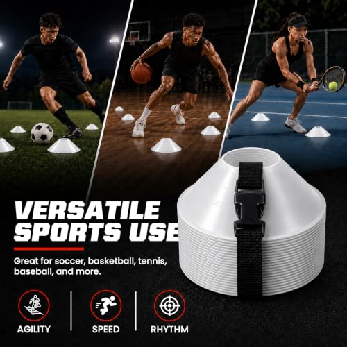 American Challenge Large Disc Cones – Set of 6 Agility Cones for Sports Training – Compact Soccer Cones with Carry Strap for Drills & Practice - color: White