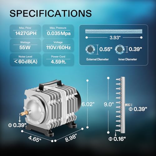 VIVOSUN 1427GPH Aquarium Air Pump Commercial Air Pump with Aluminum Housing | 12 Outlet 55W 90L/min, Fish Tank Bubbler Pond Aerator for Aquariums, Ponds, Hydroponics - size: 9"×6"-1427
