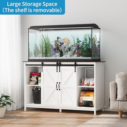 VOWNER Farmhouse 55-75 Gallon Fish Tank Stand with Power Outlet, Grey | Aquarium Stand with Storage Cabinet and Sliding Barn Door, Heavy Duty Reptile Tank Stand, for 2 Tanks, 1000LBS Capacity - color: White + Walnut