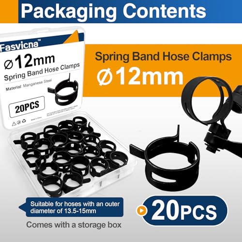 12mm (0.47") Spring Band Hose Clamps, 20 Pack Medium Hose Clamps for 11-12.5mm OD Fuel Line, Radiator Hose, Large Water Tube & Automotive - size: 12mm