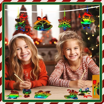FEBSNOW Christmas Crafts for Kids, Magic Rainbow Scratch Art Paper Cards Tree Hanging Ornaments Christmas Gifts for Kids Holiday Party Favors Games - style: Christmas