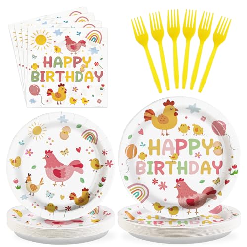 Grencian 96Pcs Little Chick Chicken Birthday Party Decorations, Serves 24 | Chick Birthday Plates and Napkins Farm Animal Barnyard Baby Shower Tableware for Boys Girls Chicken Themed Party Supplies - style: Autumn Hen Colorful Birthday