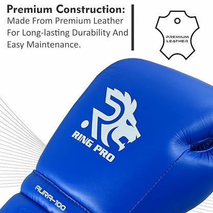 Aura 100 Full Grain Leather Lace Up Boxing Gloves for Men & Women – Professional Training, Sparring, Competition, Muay Thai, Kickboxing & Heavy Bag Gloves - color: Blue, size: 12 OZ