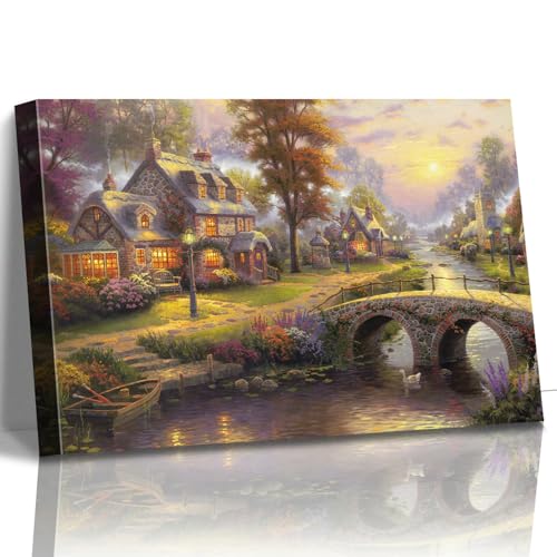 STUDIO HAVEN Thomas Kinkade Canvas Wall Art, River Village Stone Bridge Flower Filled Swan and Glowing Cottages Oil Painting Poster Rustic Wall Decor, Framed Prints for Home Decor, 16x12Inch - color: Thomas025, size: 16"L x 12"W