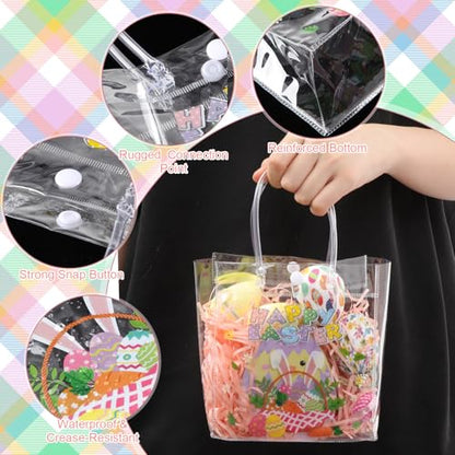 Aliceset 24 Pcs Happy Easter Gift Bags Bulk - Colorful Easter Clear PVC Gift Bags with Handle Reusable Eggs Bunny Goodie Candy Tote for Egg Hunt Party Supplies (Rabbit, 6.31"x 5.91"x 3.15") - style: Bunny Ear