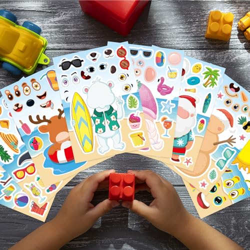 Summer Stickers for Kids, July Christmas Hawaii Tropical Beach Stickers | 24 PCS Make Your Own Mix and Match Sticker with Santa Claus, Reindeer, Penguin, Polar Bear and Snowman, Make a Face Stickers - style: July Christmas Stickers