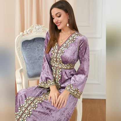 IDOPIP Muslim Women Velvet Dress Embroidery Abayas Long Sleeve V-Neck Moroccan Maxi Kaftan Dubai Robe Arabic Islamic Clothing - color: Light Purple, size: Medium