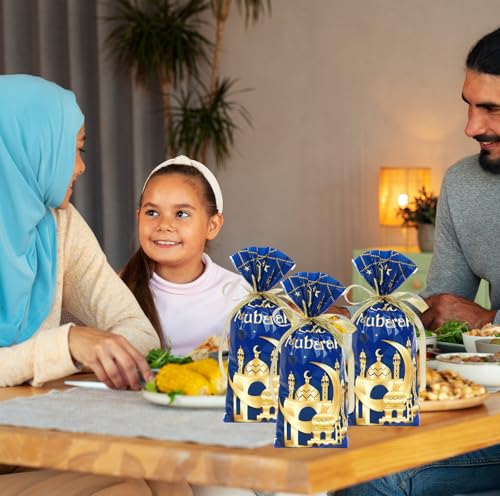 Whaline 100 Pcs Eid Mubarak Cellophane Bags with Ribbon Ramadan Plastic Treat Bags Blue Gold Candy Goodie Bags for Islamic Muslim Party Snack Cookie Packing Supplies - color: Blue Gold
