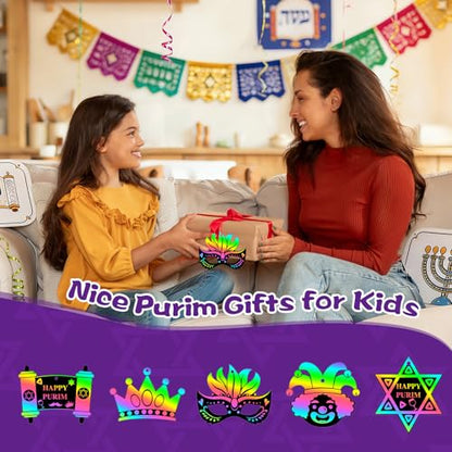 FEBSNOW 48 PCS Purim Crafts for Kids Rainbow Magic Scratch Art Paper Cards for Purim Party Favors Hanging Ornaments Classroom Activities Project DIY Crafts Gift - style: Purim