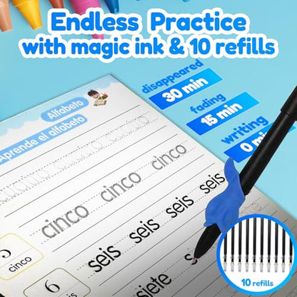 4 Magic Tracing Practice Books – Grooved Handwriting Spanish Copybooks for Kids, Reusable Writing Practice Workbooks Without Tears, Disappearing Ink for Toddlers Preschool Learn (Spanish) - color: Spanish