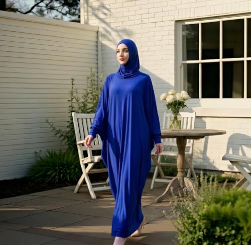 Women's Solid Muslim One-Piece Prayer Dress Abaya Kaftan with Hijab Full Length Dress - color: Fancy Blue