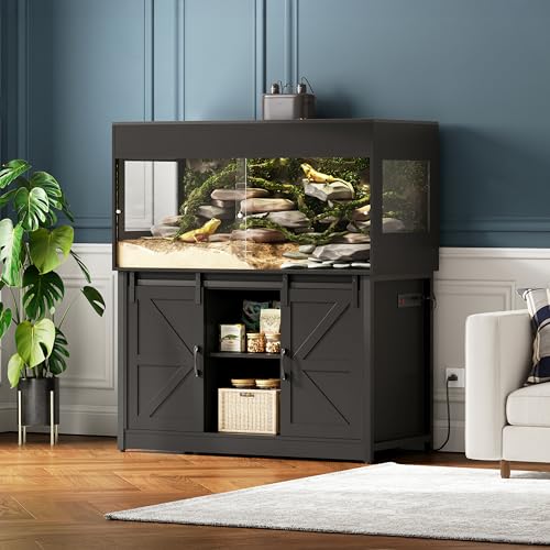 Herture 120 Gallon Reptile Terrarium with Stand, 4x2x2 Reptile Enclosure | Bearded Dragon Enclosure for Snakes Lizards, Large Vivarium Tank with Cabinet, Acrylic Doors, Mesh Lid, Outlet Black PX04RTB - color: Black, size: 120 Gallon