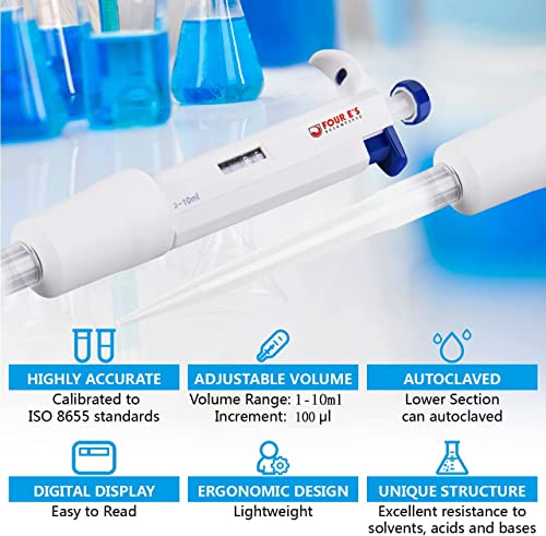 FOUR E'S SCIENTIFIC 2-10mL Pipette, Adjustable Volume Micropipette | Single-Channel Pipettor, Ergonomic Design, Precise Volume Dial - size: 11 (2-10mL)