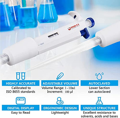 FOUR E'S SCIENTIFIC 2-10mL Pipette, Adjustable Volume Micropipette | Single-Channel Pipettor, Ergonomic Design, Precise Volume Dial - size: 11 (2-10mL)