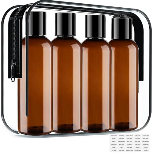 Moonlik Toiletry Travel Bottles, 4Pack 3.4oz/100ml - Squeezable Plastic Containers with Flip Caps - Refillable Cosmetic Kit for Shampoo, Conditioner, Lotion, and Travel Essential- Brown - color: Brown