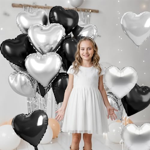 Black Silver Heart Balloons, 10PCS Metallic Foil for Goth Disco Birthday - color: Black Silver