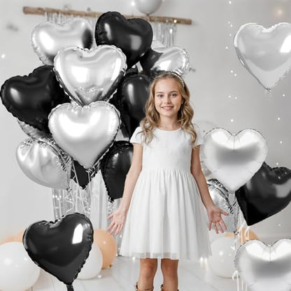 Black Silver Heart Balloons, 10PCS Metallic Foil for Goth Disco Birthday - color: Black Silver