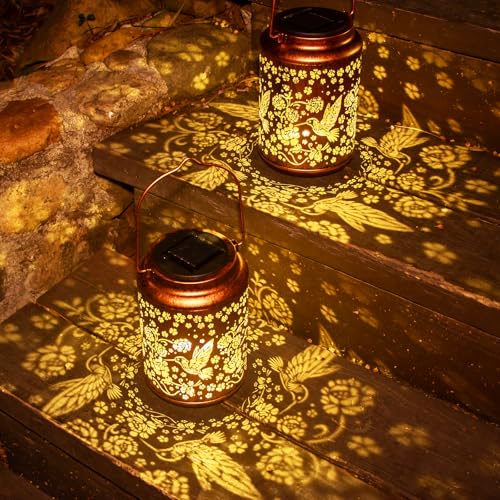 YISITEONE Hummingbird Outdoor Solar Lanterns, Garden Waterproof Metal Hanging Decor Lights for Patio Yard Pathway Lawn Front Porch, Birthday Gardening Gifts for Women Mom Grandma - style: Hummingbird