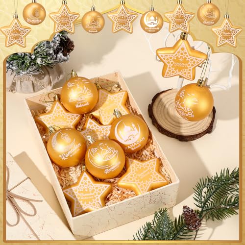 18 Pcs Eid Mubarak Decorations Ramadan Hanging Decorations Gold Moon Ornaments Plastic Eid Mubarak Hanging Balls Star Ramadan Islamic Decor for Home Window Islamic Muslim Tree Party Decor