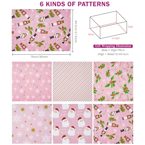 RUSPEPA Pink Christmas Wrapping Paper Sheets, Pink Santa, Nutcracker, Candy Cane, Holly & Snowflakes Design, Holiday Gift Wrap for Girls, Kids, Xmas Gifts, Crafts, 6 Folded Sheets, 19.68 X 27.5 Inch - color: Pink Xmas Design