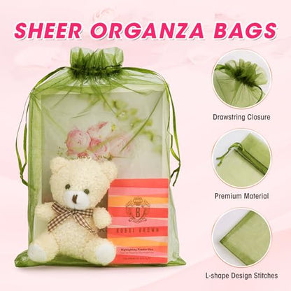 ANZNKU 100Pcs Large Organza Bags 8x12, Green Small Mesh Gift Bag Drawstring - color: Green