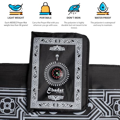 ABDEEZ Portable Travel Prayer Mats | Compass, Weights (Keeps mat in Place), and Pouch, Pocket Size (Single Pack) (Black) - color: Black
