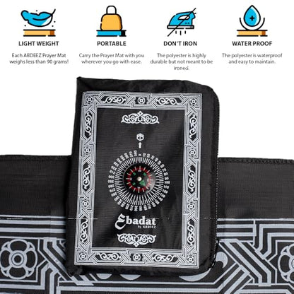 ABDEEZ Portable Travel Prayer Mats | Compass, Weights (Keeps mat in Place), and Pouch, Pocket Size (Single Pack) (Black) - color: Black