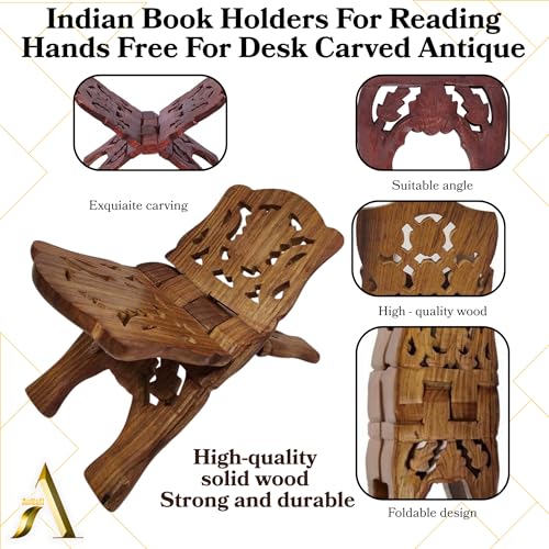 AnNafi® Wooden Book Holder Stand | Rehel/Rehal For Quran Geeta Bible | Indian Book Holders For Reading Hands Free For Desk Carved Antique | Holy Book Stand Prayer/Pooja Wood Islam Decor Handmade Gifts