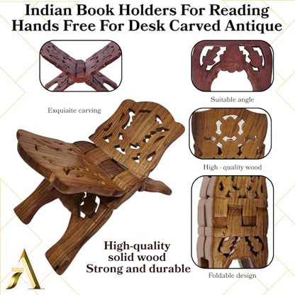 AnNafi® Wooden Book Holder Stand | Rehel/Rehal For Quran Geeta Bible | Indian Book Holders For Reading Hands Free For Desk Carved Antique | Holy Book Stand Prayer/Pooja Wood Islam Decor Handmade Gifts