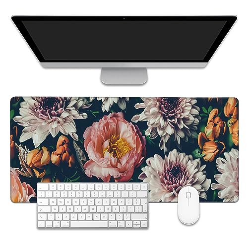 Vintage Beautiful Flowers Desk Mat,Large Gaming Mouse Pad,Non-Slip Rubber Base Desk Pad with Stitched Edges for Desk Office Home Decor 35.4X15.7 Inch - color: Vintage Beautiful Flowers