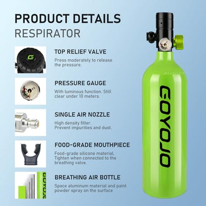 GOYOJO Mini Scuba Tank, Portable Diving Lung Air Tank with DOT Certified | Refillable Emergency Backup Pony Bottle for Snorkeling, Underwater Breathing, Training - color: 1L Obsidian Green