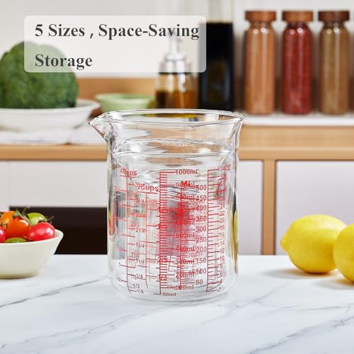 Ackers High Borosilicate Glass Measuring Cup Set with Pour Spout,60ml(2OZ),120ml(4OZ), 250ml(8OZ), 500ml(16OZ), 1000ml(32OZ) Glass Measuring Beaker for Kitchen or Restaurant, Easy to Read - size: 2oz/4oz/8oz/16oz/32oz Measuring Cup Set