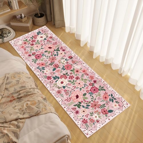 DUKINO 2x10 Runner Rug, Floral Washable Kitchen Runner Rug Non Slip, Pink - color: Pink, size: 2' x 10' (Rectangular)