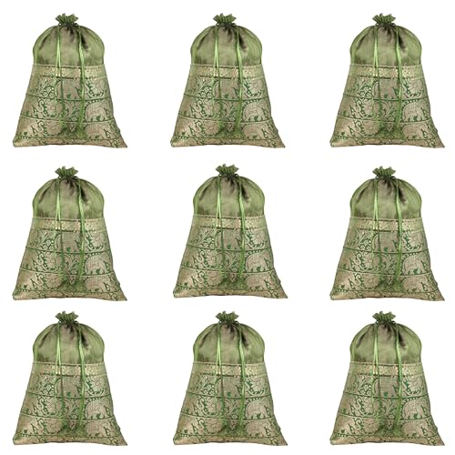 Touchstone Drawstring Bags Traditional Indian Handcrafted Fabric Perfect for Gifts Jewelry Weddings Pouches Purses Potli - color: Elephant_Green (Pack of 9), size: 9x7 inches