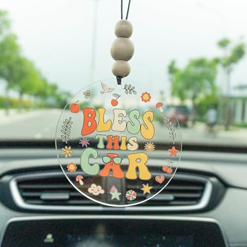 Talataca Bless This Car 2D Flat Car Ornament & Wood Beads, Christian Inspirational Quotes Beaded Rear View Mirror Accessories, Rearview Hanging Charm, Christmas Tree Decor, Religious Gift - color: 57