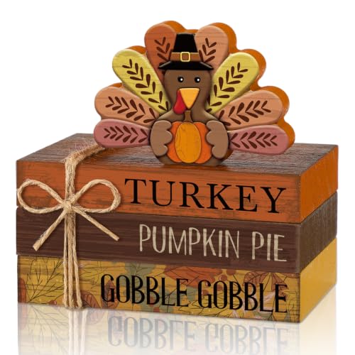 4 Pcs Fall Thanksgiving Tiered Tray Decor Wooden Turkey Book Sign - style: Thanksgiving 2
