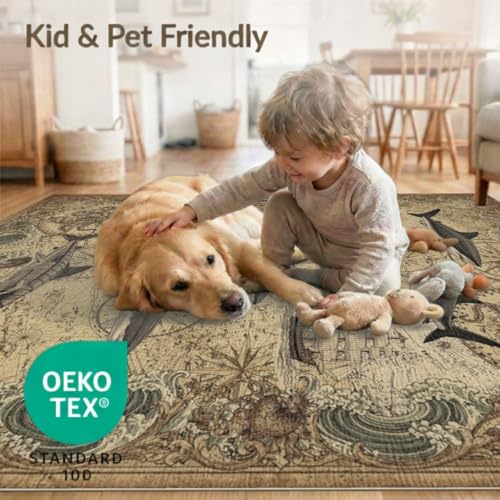8'x10' Washable Traditional Wave Large Rug, Beige Non-Shedding Pet Friendly Carpet for King Size Bedroom, Master Suite, Under Bed, Foldable Easy Care Mat | Ref:2068056 - color: Beige/Pattern 21, size: 8' x 10' (Rectangular)