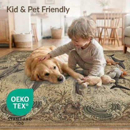 8'x10' Washable Traditional Wave Large Rug, Beige Non-Shedding Pet Friendly Carpet for King Size Bedroom, Master Suite, Under Bed, Foldable Easy Care Mat | Ref:2068056 - color: Beige/Pattern 21, size: 8' x 10' (Rectangular)