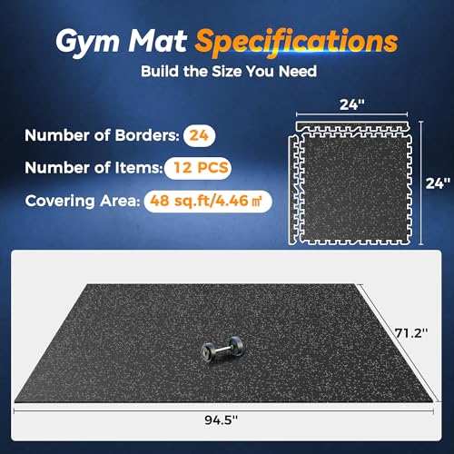 SUPERJARE 1" Extra-Thick Rubber Top Exercise Mat, Puzzle Gym Flooring for Home Gym, Gym Mat for Workout Equipment, Interlocking Floor Tiles with EVA Foam, 12 Pcs 48 Sq Ft, Black/Grey - size: 12 Tiles (48 Sq Ft)