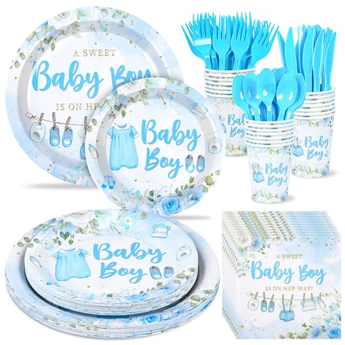 168pcs Blue Baby Boy Baby Shower Plates and Napkins Decorations, Floral Sweet Baby Girl Party Supplies for Gender Reveal, Paper Plate, Napkin, Cup, Disposable Cutlery, Serves 24 (Blue) - color: Blue