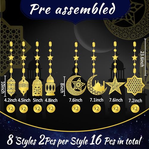 16 Pcs Ramadan Decorations, Ramadan Home Hollow Banner Hanging Moon Stars Lantern Pattern for Birthday Festival Wedding and Party Wall Decor