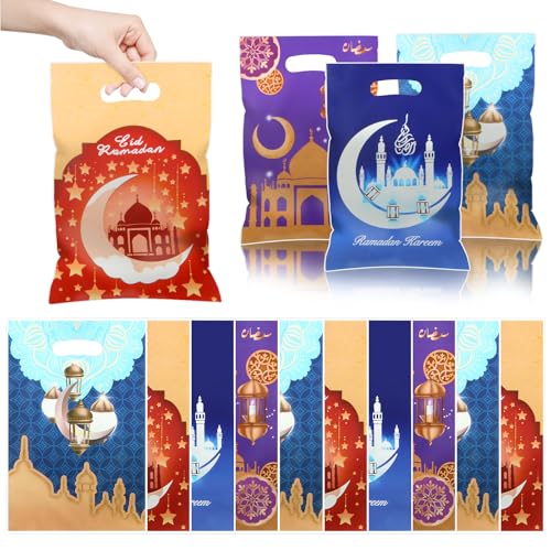 40pcs Eid Mubarak Favor Bags with Die Cut Handles, 4 designs - Muslim Mosque Moon Stars Lantern Print Goodie Candy Snack Plastic Gift Bags Pouch for Eid Al-fitr Islamic Diwali Ramadan Theme Party Favor