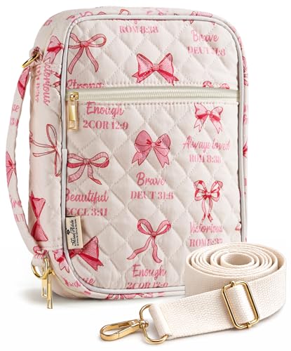 Miss Adola Bible Cover Case for Women - Quilted Bible Carrying Case Organizer Study Bag with Zipper Handle and Shoulder Strap Bows Book Cover for Teen Girls - color: Bow
