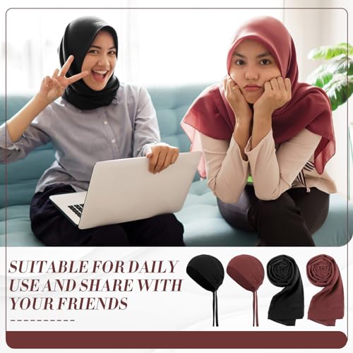 4 Pcs Women Solid Chiffon Hijab Scarves and Undercap Set Long Shawl Soft Wrap Scarves Muslim Inner Hijab Caps - color: Black, Coffee